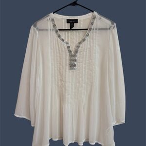 Style & Co. White Sheer Blouse with Silver Accents